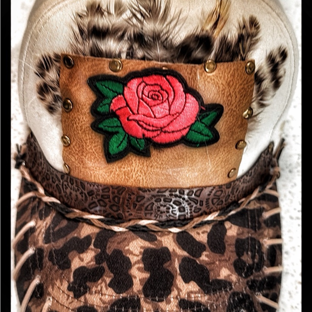 Leopard-Print Women's Hat with Pink Rose Patch and Tan Leather Accent